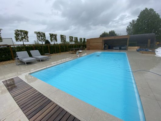 Outside pool with sunloungers and pleached hornbeams